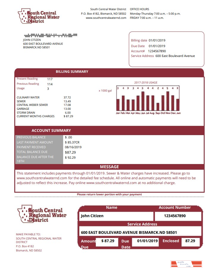 USA North Dakota South Central Regional Water District utility bill template in Word and PDF format